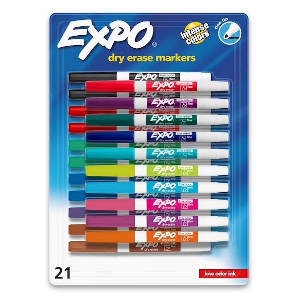 Dry Erase Markers, Whiteboard Markers with Low Odor Ink, Fine Tip, Assorted Vibrant Colors, 21PK